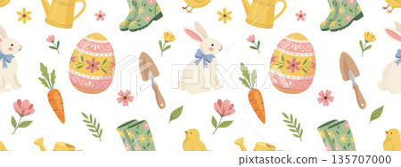 Cute Easter and Spring seamless pattern. Vector background with bunny, egg, chick and gardening tools Cute Easter and Spring seamless pattern. Vector background with bunny, egg, chick and gardening tools 135707000