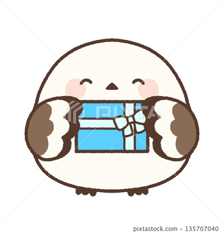 A smiling long-tailed tit holding a blue gift 135707040