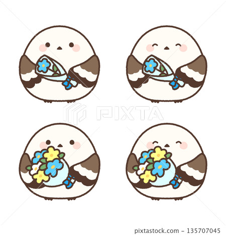 Illustration set of a long-tailed tit holding a blue flower Illustration set of a long-tailed tit holding a blue flower 135707045