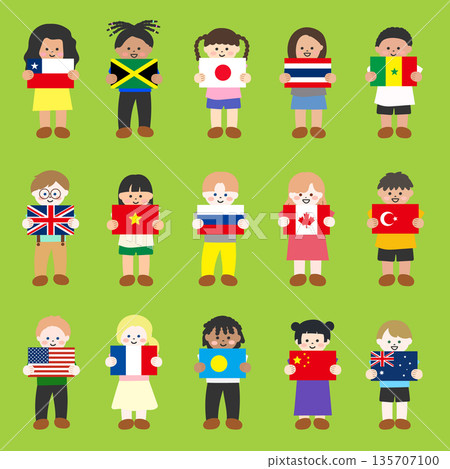 一組兒童雙手舉著國旗的插圖 一組兒童雙手舉著國旗的插圖 135707100