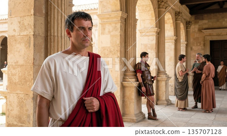 Man in toga standing in ancient Roman courtyard with people discussing in background 135707128