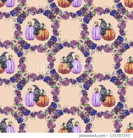 Seamless watercolor pattern featuring a repeating square grid of dark purple rose wreaths. Each floral frame encloses a black raven perched between a light purple and an orange pumpkin 135707247