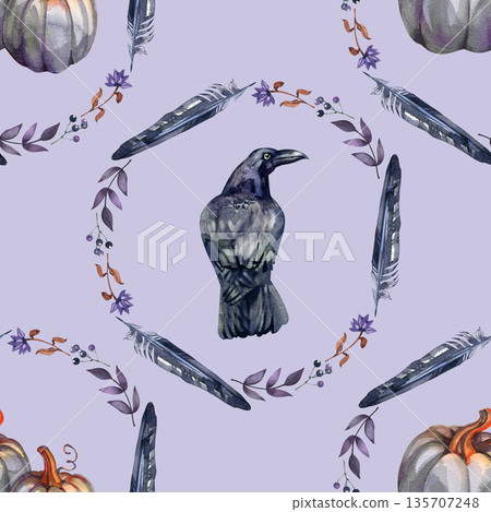 Watercolor seamless pattern featuring mystical alternating circular wreaths. One frame encloses two grey pumpkins, while the other features a black raven, both surrounded by dark feathers and purple Watercolor seamless pattern featuring mystical alternating circular wreaths. One frame encloses two grey pumpkins, while the other features a black raven, both surrounded by dark feathers and purple 135707248