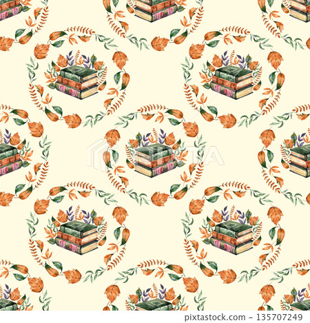 A series of seamless watercolor patterns featuring repeating mystical elements: feathers and berries, autumn pumpkin wreaths, or vintage book wreaths with fall foliage. A series of seamless watercolor patterns featuring repeating mystical elements: feathers and berries, autumn pumpkin wreaths, or vintage book wreaths with fall foliage. 135707249