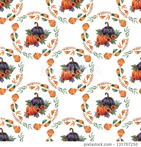 Seamless watercolor pattern featuring mystical pumpkins nestled within circular wreaths of orange and green autumn leaves. The repetitive design highlights vibrant harvest themes with dark purple 135707250