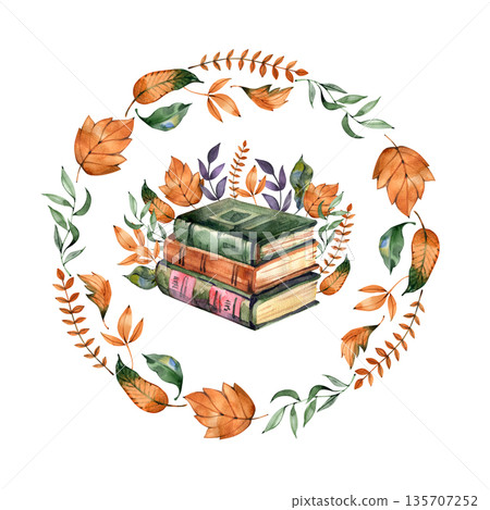 Watercolor mystical illustration of a stack of vintage books centered within a circular autumn wreath. The decorative frame consists of orange and green fallen leaves and botanical sprigs. Watercolor mystical illustration of a stack of vintage books centered within a circular autumn wreath. The decorative frame consists of orange and green fallen leaves and botanical sprigs. 135707252