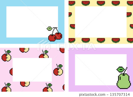 Pixel fruit frame set with cherry, apple, pear, watermelon for fruity polaroid photo, rectangle ad template, poster, decoration, notepad, sticky note, memo, print, paper design, book cover 135707314