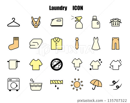 Laundry related simple line icon set, yellow Laundry related simple line icon set, yellow 135707322