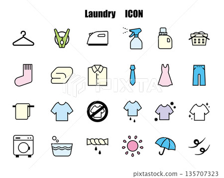 一套色彩繽紛的洗衣相關簡約線條圖標，包含多個彩色圖標。 135707323