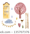 Watercolor illustration set with cozy house, tree, cloud, bird, ladder and decorative elements. Hand painted childlike style, perfect for nursery decor, kids design, posters and storytelling projects. 135707376