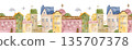 Seamless watercolor town border with cute houses and trees. Hand painted cozy village illustration for kids design, nursery decor, backgrounds, banners and storytelling projects. 135707378