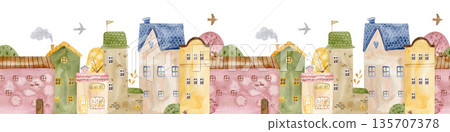 Seamless watercolor town border with cute houses and trees. Hand painted cozy village illustration for kids design, nursery decor, backgrounds, banners and storytelling projects. Seamless watercolor town border with cute houses and trees. Hand painted cozy village illustration for kids design, nursery decor, backgrounds, banners and storytelling projects. 135707378