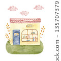 Watercolor illustration of a cozy book shop house with books in the window, soft pastel colors and hand painted texture. Perfect for children design, nursery decor, fairy tale stories and book themes. 135707379