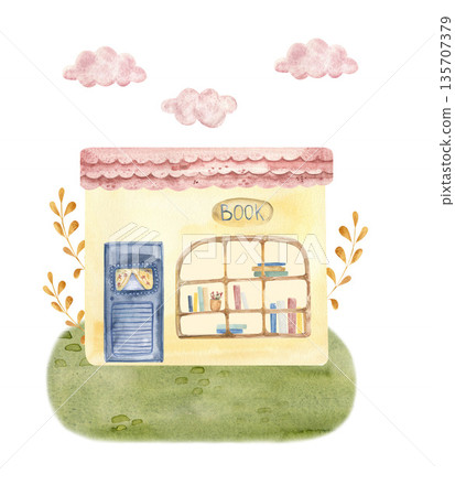 Watercolor illustration of a cozy book shop house with books in the window, soft pastel colors and hand painted texture. Perfect for children design, nursery decor, fairy tale stories and book themes. 135707379