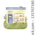Watercolor illustration of a cozy book shop house with books in the window, soft pastel colors and hand painted texture. Perfect for children design, nursery decor, fairy tale stories and book themes. 135707380