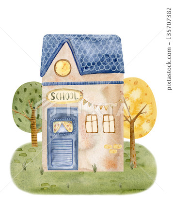 Watercolor illustration of a cute school building with trees and grass, hand painted in soft pastel colors. Ideal for children education themes, nursery design, learning materials and storybook illust Watercolor illustration of a cute school building with trees and grass, hand painted in soft pastel colors. Ideal for children education themes, nursery design, learning materials and storybook illust 135707382