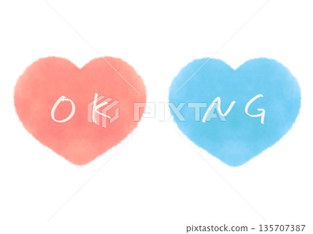 一套簡單的水彩心形插畫，包含 OK 和 NG 字母。 135707387