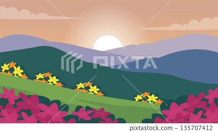 Warm Spring Sunset Above Blooming Hills 135707412