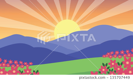 Golden Sunrise Over Flowered Hills 135707449
