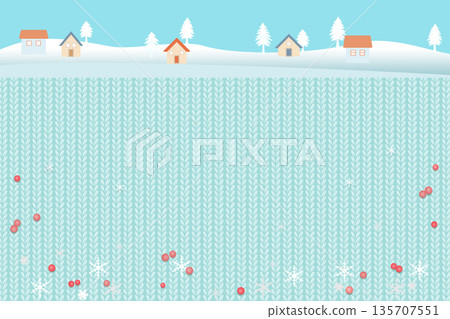 雪景，房屋和樹木，針織背景插圖 135707551