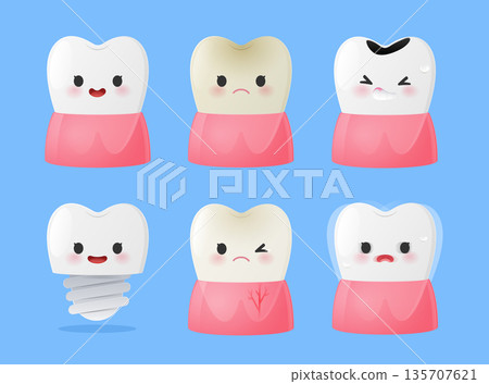 Cute Dental Cartoon Collection Showing Six Tooth Conditions 135707621