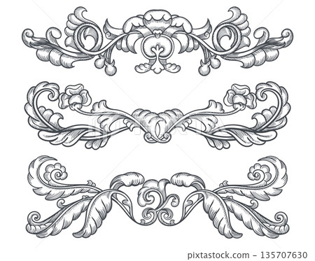 Baroque borders. Elegant vintage dividers, victorian floral engraved elements, decorative retro books prints hand drawn design, symmetry rococo flourish, splendid vector isolated set 135707630