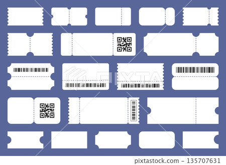Blank coupon templates. White detachable tickets with barcodes, gift sale tickets with barcodes, entrance and discount vouchers with perforation, special offer classy vector isolated set Blank coupon templates. White detachable tickets with barcodes, gift sale tickets with barcodes, entrance and discount vouchers with perforation, special offer classy vector isolated set 135707631