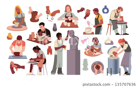 Ceramists people. Creating pottery process, craftsmen sculpt from clay, crockery and statues workshop, men and women painting, firing, glazing vase and cups cartoon isolated tidy vector set Ceramists people. Creating pottery process, craftsmen sculpt from clay, crockery and statues workshop, men and women painting, firing, glazing vase and cups cartoon isolated tidy vector set 135707636