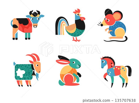 Color geometric animals. Decorative flat fauna characters, simple shapes, chicken, colorful stylized horse and cow, bright pop art style, logotype design, splendid vector cartoon set Color geometric animals. Decorative flat fauna characters, simple shapes, chicken, colorful stylized horse and cow, bright pop art style, logotype design, splendid vector cartoon set 135707638