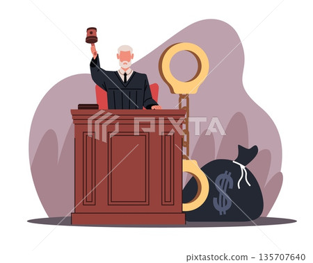 Corruption offense. Guilty verdict, judge passes sentence, judicial proceedings, financial crimes, corrupted law leader, punishment regulation, illegal activities vector cartoon concept 135707640