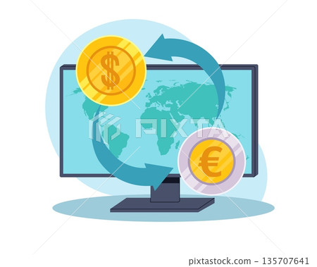 Currency exchange. Money transfer, changing one currency to another, monitor with world map, dollar and euro coins, international exchange, online wallet vector cartoon isolated concept Currency exchange. Money transfer, changing one currency to another, monitor with world map, dollar and euro coins, international exchange, online wallet vector cartoon isolated concept 135707641