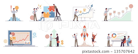 Developing your own business scenes. Successful startup, market analysis and planning, teamwork company creation, new project planning and performance nowaday vector cartoon isolated set 135707642