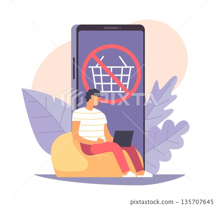 Error on online store website canceling purchase. Man cancels virtual purchase and empties basket, delivery restriction, shopping checkout block, access limits vector cartoon flat concept 135707645