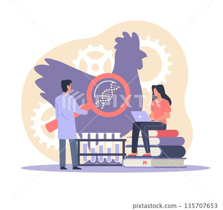 Genetically modified animals. Scientists are studying chicken dna with magnifier, biotechnology analysis, livestock health improvement, selective breeding, vector cartoon isolated concept 135707653
