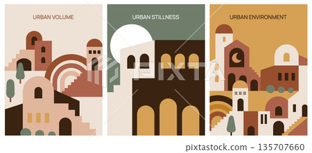 Geometric architecture cards. Boho style urban compositions, minimal design covers, city buildings elements, houses with stairs, arches, bohemian minimalistic posters, garish vector set 135707660