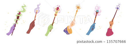 Magic wands in hands. Arms of witches, warlocks and wizards hold wooden sticks, different effects, smoke with particles, fantasy tool with colorful crystals garish vector cartoon flat set 135707666