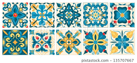 Mediterranean tiles. Azulejo style, patterns enclosed in square forms, portuguese, turkish or spanish ceramic, geometric floral ornaments, oriental arabesque splendid vector isolated set Mediterranean tiles. Azulejo style, patterns enclosed in square forms, portuguese, turkish or spanish ceramic, geometric floral ornaments, oriental arabesque splendid vector isolated set 135707667