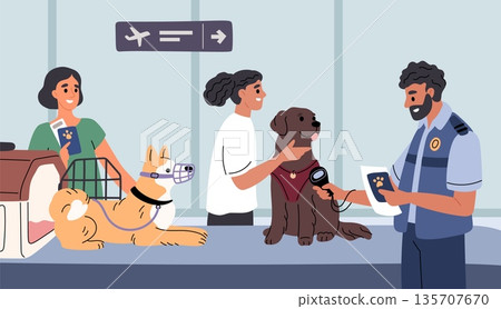 People travel with dogs in transport. Owners with pets in airport, verification of chips and documents at customs, checkpoint in terminal, scan passport cartoon flat garish vector concept People travel with dogs in transport. Owners with pets in airport, verification of chips and documents at customs, checkpoint in terminal, scan passport cartoon flat garish vector concept 135707670