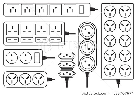 Power strips. Electric splitters and extenders, different global standards, sockets, various plugs, linear icons, organized power for multiple device qualitative vector set Power strips. Electric splitters and extenders, different global standards, sockets, various plugs, linear icons, organized power for multiple device qualitative vector set 135707674