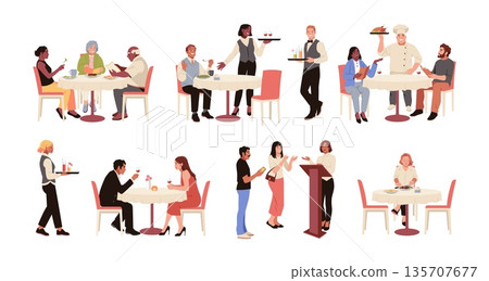 Restaurant visitors characters. Catering table service, waiters at tables with menu, chef, manager, people ordering dinner, communicate and eat delicious food, tidy vector cartoon set 135707677