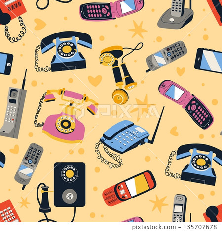 Retro phone seamless pattern. Different types devices, vintage, modern telephones with tubes, wires, dials, buttons. Decor textile, wrapping paper. Print for fabric , tidy vector background 135707678