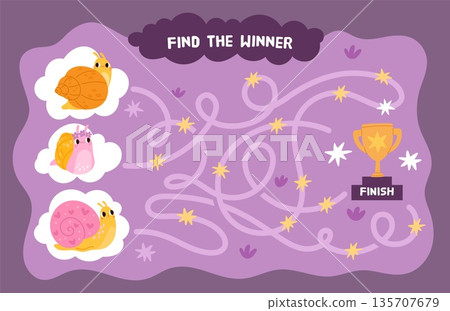 Snail maze game design. Slugs with shells race through labyrinth, funny shellfish, kids educational game, finding way, tangled paths for children garish vector cartoon isolated concept Snail maze game design. Slugs with shells race through labyrinth, funny shellfish, kids educational game, finding way, tangled paths for children garish vector cartoon isolated concept 135707679
