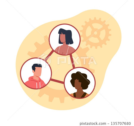 Social development. Competence of social skills, talking to friends on network, collaboration and communication people, structured team system, vector cartoon isolated teamwork concept Social development. Competence of social skills, talking to friends on network, collaboration and communication people, structured team system, vector cartoon isolated teamwork concept 135707680