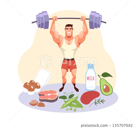 Sports nutrition. Diet to improve athletic performance, strongman with barbell, strength training and nutrition for success, muscle and power growth, vector cartoon isolated concept 135707682