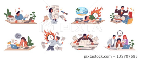 Stressful workplace situations. People on edge, office problems, conflict with superiors, last minute deadlines, burnout paperwork piles, management pressure nowaday vector cartoon set 135707683