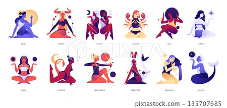 Women zodiac signs. Beautiful female characters, horoscope symbols, sexy girls in bikinis, feminine scorpio, aries, astrology figures with celestial symbols tidy vector isolated set 135707685