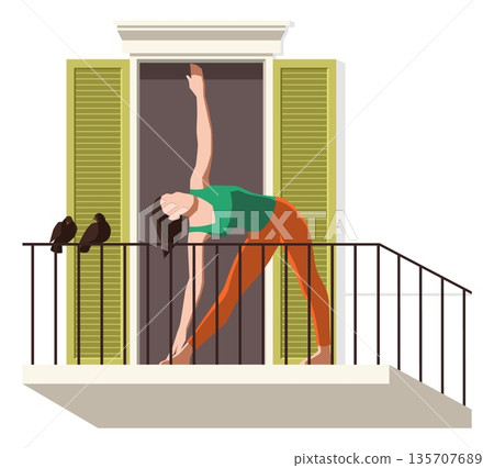 Balcony yoga. Woman doing sport exercises outdoors, open window, house facade, home fitness, flexibility training, balanced position and mindful practice. Vector cartoon illustration Balcony yoga. Woman doing sport exercises outdoors, open window, house facade, home fitness, flexibility training, balanced position and mindful practice. Vector cartoon illustration 135707689