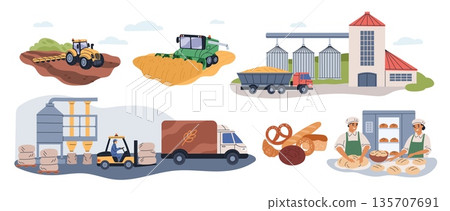 Bread production process. Flour making industry scenes, wheat sowing and harvesting, agricultural machinery, manufacture, storage, milling and transportation, garish vector cartoon set Bread production process. Flour making industry scenes, wheat sowing and harvesting, agricultural machinery, manufacture, storage, milling and transportation, garish vector cartoon set 135707691