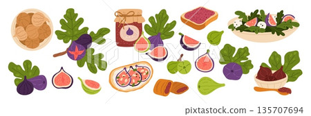 Cartoon figs. Sweet desserts, salad and sandwiches, dried fruits and jam on toast, branches with leaves, green and purple varieties whole and slice, healthy food ingredients garish vector set 135707694