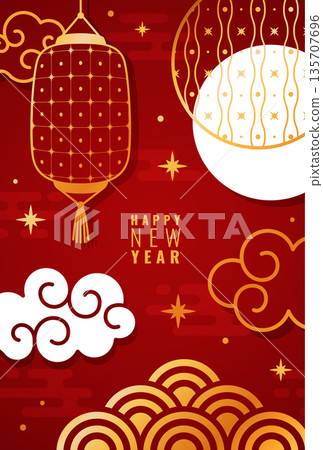 Chinese poster. Asian new year card design. Decorative traditional element, golden lantern and cloud in oriental style, festive postcard, vertical holiday banner. Vector minimal illustration Chinese poster. Asian new year card design. Decorative traditional element, golden lantern and cloud in oriental style, festive postcard, vertical holiday banner. Vector minimal illustration 135707696